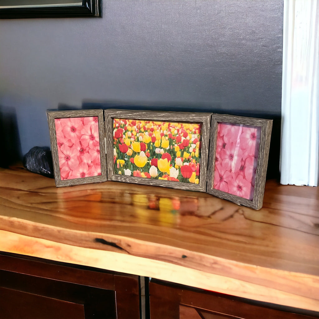 Gray, rustic trifold picture frame