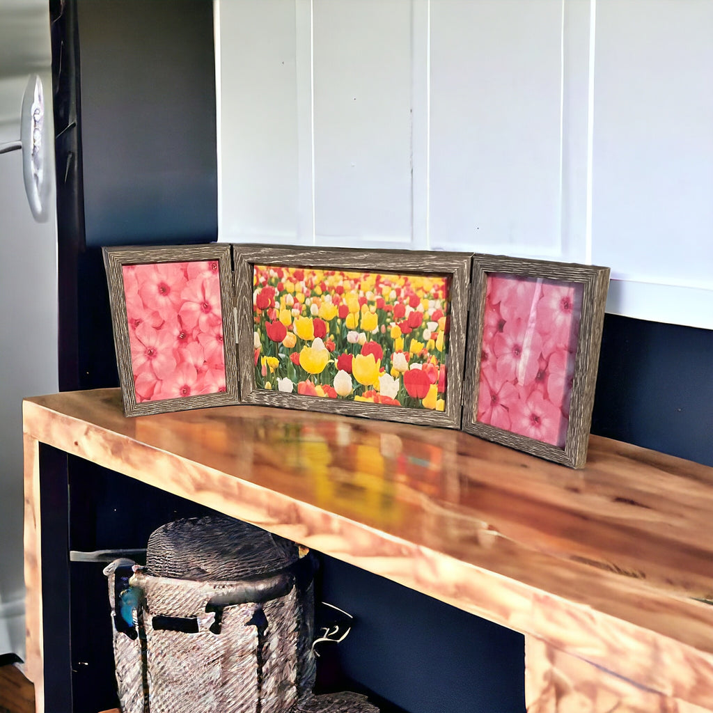 Gray, rustic trifold picture frame