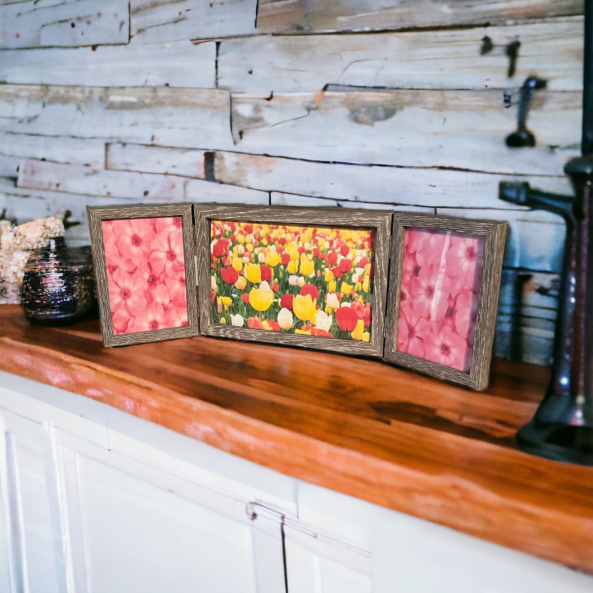 Gray, rustic trifold picture frame