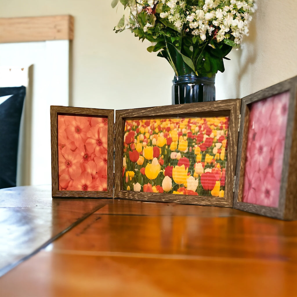 Gray, rustic trifold picture frame